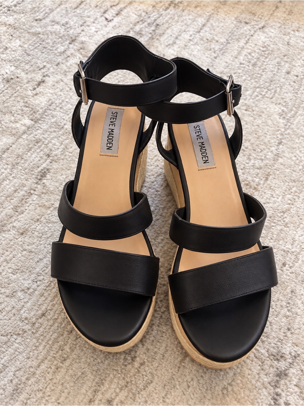 Steve Madden Black Leather Espadrille Platform Sandals